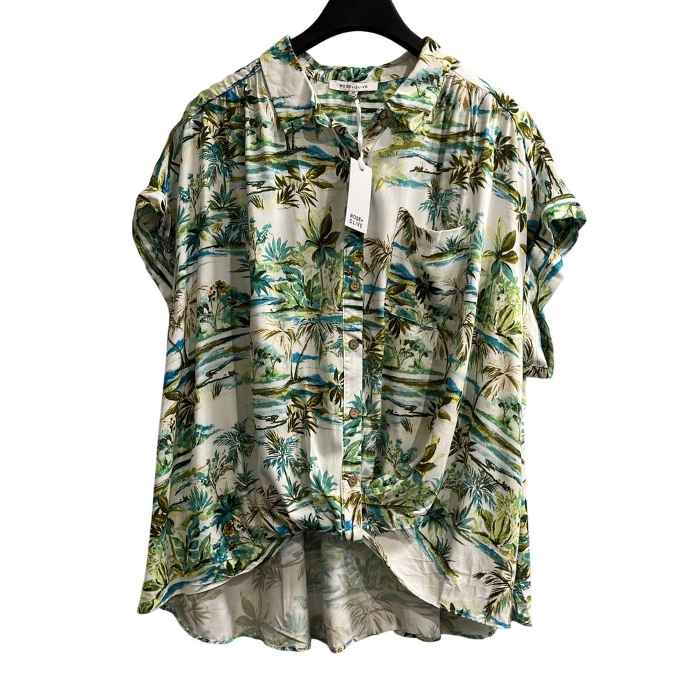 Rose & Olive Top Tropical Island Print Button Up Twist Front 2X Vacation Beach